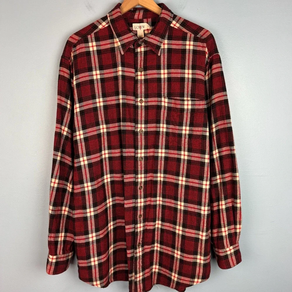 J. Crew Oarsman Flannel Shirt Men Large Tall Red Tan Plaid Long Sleeve Button Up